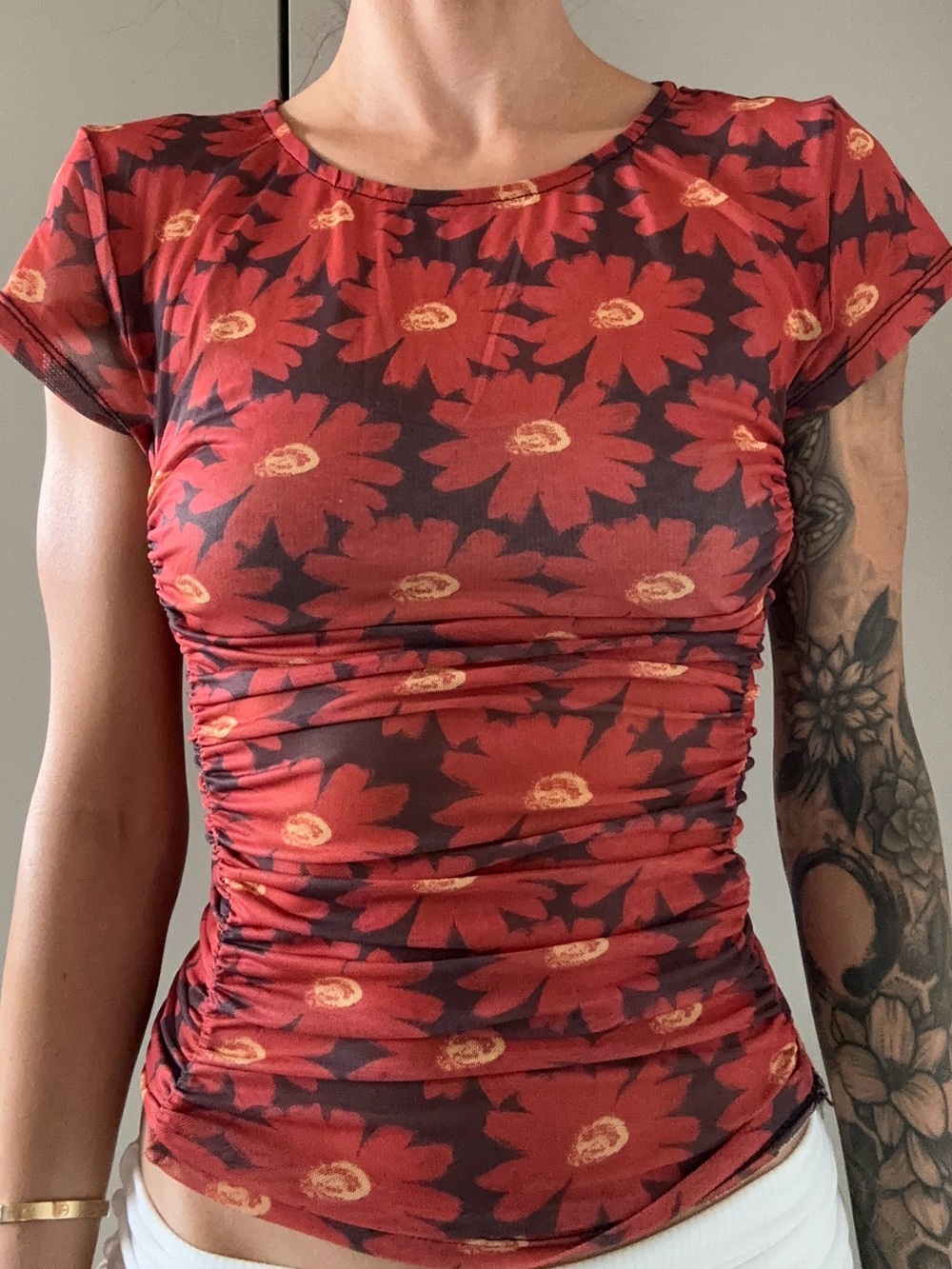 Free People Floral Ruched Mesh Tee - Red Daisy